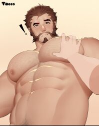 Rule 34 | !, 2boys, abs, bara, beard, black hair, blush, chest hair, completely nude, disembodied limb, eyebrow cut, facial hair, grabbing, graves (league of legends), hair slicked back, highres, large pectorals, league of legends, looking at viewer, male focus, mature male, multiple boys, muscular, muscular male, mutton chops, navel, navel hair, nipples, nude, out-of-frame censoring, pectoral grab, pectoral grab (sibi2028), pectorals, pubic hair, raised eyebrow, short hair, sideburns, solo focus, sparse navel hair, sparse pubic hair, stomach, surprised, tacco (el tacc0), thick eyebrows, yaoi