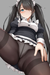 Rule 34 | 1girl, apron, asymmetrical bangs, black hair, black pantyhose, blue eyes, blush, closed mouth, from below, grey background, hair over one eye, hand on own thigh, highres, long hair, long sleeves, looking at viewer, looking down, maid apron, maid headdress, mizushina minato, one eye covered, original, panties, panties under pantyhose, pantyhose, solo, twintails, underwear