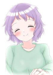 Rule 34 | 1girl, absurdres, blush, check commentary, closed eyes, collarbone, commentary request, green shirt, hand up, highres, idolmaster, idolmaster million live!, jewelry, lapisppigeons, long sleeves, makabe mizuki, purple hair, ring, shirt, short hair, sidelocks, smile, solo, sparkle, upper body, wavy hair, wedding ring, white background