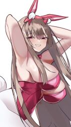 Rule 34 | 1girl, animal ears, armpits, arms behind head, bow, bowtie, breasts, covered navel, detached collar, fake animal ears, fake tail, goddess of victory: nikke, grin, highleg, highleg leotard, highres, horns, large breasts, leotard, light blush, light brown hair, long hair, looking at viewer, lying, official alternate costume, on side, pantyhose, pink horns, playboy bunny, rabbit ears, rabbit tail, red bow, red bowtie, red eyes, red leotard, sideboob, smile, solo, strapless, strapless leotard, tail, unknownnoname0, viper (nikke), viper (toxic rabbit) (nikke), white pantyhose