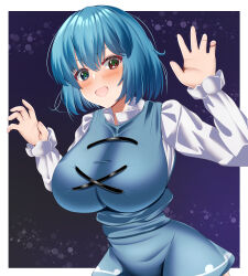 Rule 34 | 1girl, absurdres, black background, blue eyes, blue hair, blue skirt, blush, breasts, commentary request, cross-laced clothes, heterochromia, highres, large breasts, long sleeves, looking at viewer, musi tino, open mouth, red eyes, short hair, skirt, solo, tatara kogasa, touhou, upper body