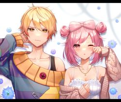 Rule 34 | 1boy, 2girls, blonde hair, bow, breasts, closed eyes, couple, crescent, crescent necklace, dress, flower, hair ornament, highres, jacket, jewelry, letterboxed, long sleeves, multicolored clothes, multicolored hair, multicolored sweater, multiple girls, necklace, omurais kcp, ootori emu, pink eyes, pink hair, project sekai, shirt, short hair, sweater, tenma tsukasa, yellow eyes