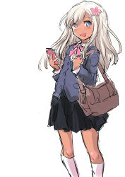 Rule 34 | 1girl, alternate costume, bag, black skirt, blazer, blonde hair, blue eyes, blue jacket, bow, bowtie, cellphone, collared shirt, commentary request, feet out of frame, flower, fuji (pixiv24804665), hair flower, hair ornament, highres, jacket, kantai collection, kneehighs, long hair, looking at viewer, phone, pink bow, pink bowtie, pleated skirt, ro-500 (kancolle), school bag, school uniform, shirt, simple background, skirt, smile, socks, solo, tan, white background, white socks