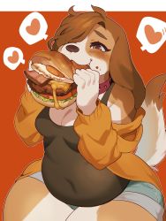 Rule 34 | 1girl, arms up, bare shoulders, blush, breasts, brown fur, burger, character request, cleavage, commentary request, commission, copyright request, covered navel, eating, egg (food), feet out of frame, food, food in mouth, food on face, furry, furry female, gradient background, hair over one eye, half-closed eyes, heart, highres, holding, holding food, lettuce, long hair, long sleeves, medium breasts, orange background, plump, sanjiro (tenshin anman), short shorts, shorts, skeb commission, solo, speech bubble, spoken heart, tail, tareme, thick thighs, thighs, tomato, white fur
