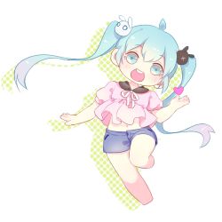 Rule 34 | 1girl, :d, ahoge, bad id, bad pixiv id, blue eyes, blue hair, rabbit hair ornament, casual, chibi, hair ornament, hatsune miku, long hair, looking at viewer, mame (yangqi787), matching hair/eyes, navel, open mouth, smile, solo, twintails, vocaloid