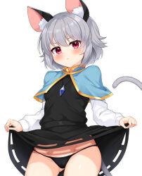 Rule 34 | 1girl, animal ears, aqua capelet, black dress, black panties, blush, clothes lift, daichi (tokoya), dress, dress lift, flat chest, gluteal fold, grey hair, highres, lifting own clothes, looking at viewer, mouse ears, mouse tail, nazrin, panties, red eyes, short hair, simple background, solo, sweatdrop, tail, touhou, underwear, white background