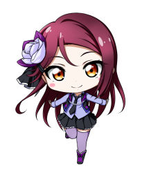 Rule 34 | 1girl, black footwear, black necktie, black ribbon, black skirt, black vest, blue shirt, blush, boots, bow, brown eyes, chibi, closed mouth, collared shirt, dress shirt, flower, full body, hair flower, hair ornament, hairclip, kuena, long hair, long sleeves, love live!, love live! school idol festival, love live! sunshine!!, mole, mole under mouth, necktie, open clothes, open vest, outstretched arms, pink bow, pleated skirt, purple flower, purple rose, purple thighhighs, red hair, ribbon, rose, sakurauchi riko, shirt, simple background, skirt, sleeves past wrists, smile, solo, spread arms, standing, standing on one leg, swept bangs, thighhighs, thighhighs under boots, very long hair, vest, white background