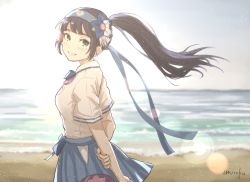 Rule 34 | 1girl, aoi ch., arm grab, blue eyes, blue hairband, blue skirt, blue sky, blush, brown hair, collared shirt, day, fuji aoi, grin, hairband, long hair, looking at viewer, looking to the side, mole, mole under eye, outdoors, school uniform, shirt, short sleeves, side ponytail, sidelocks, signature, skirt, sky, smile, solo, sunlight, umiroku, virtual youtuber, white shirt