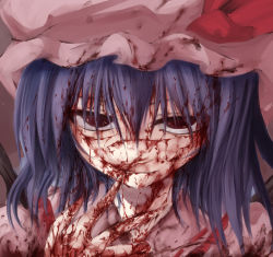 Rule 34 | 1girl, bleeding, blood, blood in hair, blood on clothes, blood on face, blood on hands, creepy, cuts, female focus, finger to mouth, guro, hat, horror (theme), injury, purple hair, red eyes, remilia scarlet, shimo (depthbomb), smile, solo, touhou, vampire