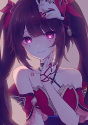 Rule 34 | 1girl, bare shoulders, black choker, bow, brown hair, choker, closed mouth, collarbone, criss-cross halter, dress, eyeliner, fox mask, hair bow, halterneck, highres, honkai: star rail, honkai (series), long hair, looking at viewer, makeup, mask, mask on head, nail polish, o-ring, pink eyes, portrait, red bow, red dress, red eyeliner, red nails, sidelocks, sleeveless, sleeveless dress, smile, solo, sparkle (honkai: star rail), twintails, yohira o0zz