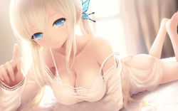 Rule 34 | 10s, 1girl, ass, barefoot, blonde hair, blue eyes, blush, boku wa tomodachi ga sukunai, bra, breasts, butterfly hair ornament, cait aron, cleavage, collarbone, dress, female focus, hair ornament, highres, kashiwazaki sena, lace, lace-trimmed dress, lace bra, lace trim, large breasts, long hair, long sleeves, looking at viewer, lying, on stomach, pointing, smile, solo, strap gap, strap slip, underwear, white bra