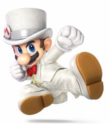 Rule 34 | 1boy, 3d, alternate costume, blue eyes, bow, bowtie, brown hair, facial hair, full body, hat, highres, male focus, mario, mario (tuxedo), mustache, nintendo, official art, red bow, red bowtie, simple background, solo, super smash bros., top hat, tuxedo, white background, white footwear, white hat