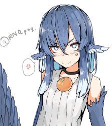 1girl anger_vein angry animal_ears bare_shoulders bird_ears blue_feathers blue_hair blue_wings blush choker feather_hair feathered_wings feathers food food_on_body food_on_breasts fruit grey_eyes harpy mandarin_orange monster_girl object_on_breast oppai_mochi orange_(fruit) original rnd.jpg_(artist) solo spoken_anger_vein twitter_username winged_arms wings