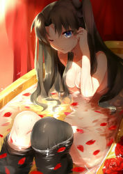 Rule 34 | 1girl, ;o, bathing, bathtub, black thighhighs, blue eyes, blush, breasts, brown hair, fate/stay night, fate (series), flower, hair ribbon, highres, long hair, looking at viewer, medium breasts, nude, one eye closed, partially submerged, petals, ribbon, rose, rose petals, solo, suurin (ksyaro), thighhighs, thighhighs pull, tohsaka rin, twintails, two side up, water, wet