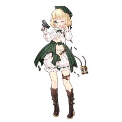 Rule 34 | 1girl, arms up, binoculars, blonde hair, bloomers, blue eyes, blush, bob cut, boots, brown footwear, brown socks, clenched hand, colored shoe soles, crack, cracked glass, full body, girls&#039; frontline, green hat, green ribbon, green skirt, gun, handgun, hat, hat ribbon, holding, holding gun, holding weapon, holster, long sleeves, looking at viewer, monocle, monocle chain, neck ribbon, official art, one eye closed, open mouth, p99 (girls&#039; frontline), puffy long sleeves, puffy sleeves, ribbon, ribbon-trimmed bloomers, ribbon trim, semi-rimless eyewear, shirt, short hair, simple background, skirt, socks, solo, standing, tears, teeth, thigh holster, torn clothes, torn shirt, torn skirt, torn socks, torn straps, transparent background, trigger discipline, underwear, upper teeth only, walther, walther p99, weapon, white bloomers, white shirt, zhenming