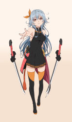 Rule 34 | 1girl, bare shoulders, black thighhighs, blue hair, boots, bow, brown eyes, commentary, dress, gradient background, hair bow, highres, katana, long hair, looking at viewer, original, outstretched arm, parted lips, pleated dress, sleeveless, sleeveless dress, solo, sword, thigh boots, thighhighs, weapon, yuu (1007yu), zipper