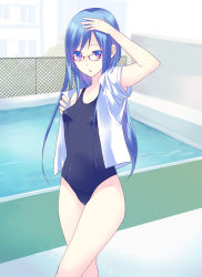 Rule 34 | 1girl, bad id, bad pixiv id, blue eyes, blue hair, chain-link fence, dress shirt, fence, glasses, gucchiann, highres, matching hair/eyes, one-piece swimsuit, original, outdoors, pool, poolside, red-framed eyewear, school, school swimsuit, shirt, solo, standing, swimsuit