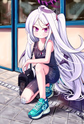Rule 34 | 1girl, bag, bare arms, bare shoulders, blue archive, blue footwear, closed mouth, clothes writing, ear piercing, full body, hair ornament, hairclip, halo, highres, hina (blue archive), horns, long hair, looking at viewer, low wings, on one knee, one side up, outdoors, parted bangs, piercing, purple eyes, purple wings, shoes, shoulder bag, solo, sseopik, unitard, very long hair, whistle, whistle around neck, white hair, window, wings
