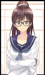 Rule 34 | 1girl, border, brown hair, collarbone, glass, holding own arm, isshiki (ffmania7), long hair, long sleeves, looking at viewer, pink eyes, ponytail, school uniform, scrunchie, serafuku, smile, solo, striped, striped background, upper body