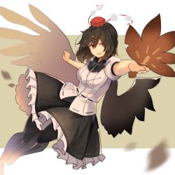 Rule 34 | 1girl, :d, black bow, black bowtie, black hair, black pantyhose, black skirt, black wings, bow, bowtie, breasts, commentary request, falken (yutozin), feathered wings, feet out of frame, foreshortening, grey background, hair between eyes, hand fan, hat, highres, holding, holding fan, large breasts, leaf fan, looking at viewer, one-hour drawing challenge, open mouth, pantyhose, petticoat, pom pom (clothes), puffy short sleeves, puffy sleeves, red eyes, shameimaru aya, shirt, short hair, short sleeves, skirt, smile, solo, tassel, tokin hat, touhou, two-tone background, white background, white shirt, wings