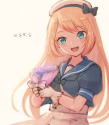 Rule 34 | 1girl, artist name, blonde hair, blue eyes, blue sailor collar, blush, bouquet, dress, flower, gloves, hat, holding, holding bouquet, jervis (kancolle), kantai collection, long hair, open mouth, puffy short sleeves, puffy sleeves, purple flower, sailor collar, sailor dress, sailor hat, short sleeves, smile, solo, upper body, white dress, white gloves, white hat, wss (nicoseiga19993411)