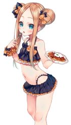 Rule 34 | 1girl, abigail williams (emerald float) (fate), abigail williams (fate), absurdres, bare arms, bare shoulders, bikini, black bikini, black bow, blonde hair, blueberry, blush, bow, collarbone, commentary request, double bun, emerald float, fate/grand order, fate (series), food, forehead, fork, fruit, groin, hair bow, hair bun, highres, hime gyo, holding, holding fork, holding plate, leaning forward, long hair, navel, official alternate costume, orange bow, orange scrunchie, pancake, parted bangs, parted lips, plate, polka dot, polka dot bow, raspberry, scrunchie, side bun, simple background, solo, swimsuit, transparent, white background, wrist scrunchie