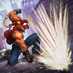 Rule 34 | 1boy, attack, teeth, blonde hair, brolo, denim, fatal fury, fingerless gloves, gloves, hat, hat over eyes, jeans, long hair, male focus, muscular, pants, ponytail, punching, shoes, sneakers, solo, tank top, terry bogard, the king of fighters