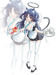Rule 34 | 1girl, absurdres, alternate costume, animal ear fluff, animal ears, apron, black dress, black footwear, black halo, blue archive, blue eyes, blue hair, blue necktie, blush, breasts, cake, cake slice, cat ears, cleavage, collar, cup, detached collar, dress, enmaided, food, frilled apron, frills, halo, highres, holding, holding tray, large breasts, long hair, looking at viewer, macaron, maeng-i (meng-e), maid, maid apron, mechanical halo, necktie, open mouth, parted bangs, plate, puffy short sleeves, puffy sleeves, short sleeves, simple background, solo, standing, teapot, thighhighs, tray, two side up, wavy mouth, white apron, white background, white collar, white thighhighs, yuuka (blue archive), zoom layer
