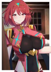Rule 34 | 1girl, absurdres, blurry, blurry background, blush, bob cut, breasts, chest jewel, drop earrings, earrings, highres, impossible clothes, indoors, jewelry, large breasts, latte, looking at viewer, pyra (xenoblade), red eyes, red hair, short sleeves, smile, solo, swept bangs, tiara, xenoblade chronicles (series), xenoblade chronicles 2