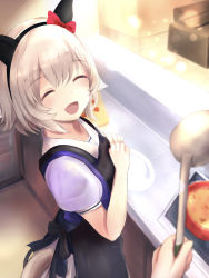 Rule 34 | 1girl, absurdres, apron, blurry, blurry background, closed eyes, commentary request, cooking, curren chan (umamusume), grey hair, headband, highres, kitchen, looking at viewer, open mouth, pov, pov hands, school uniform, short hair, solo, solo focus, umamusume, wnaph