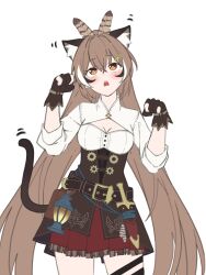 Rule 34 | 1girl, absurdres, animal ears, black gloves, black thighhighs, blush, brown corset, brown eyes, brown hair, brown tail, cat ears, cat tail, corset, crossed bangs, dagger, double-parted bangs, feather hair ornament, feathers, fiqqq (tenshi uma uma), gloves, hair between eyes, hair ornament, hairclip, highres, holocouncil, hololive, hololive english, knife, lantern, long hair, long sleeves, multicolored hair, nanashi mumei, nanashi mumei (1st costume), open mouth, partially fingerless gloves, ponytail, red skirt, runes, shirt, sidelocks, simple background, skirt, solo, streaked hair, tail, thighhighs, very long hair, virtual youtuber, weapon, white background