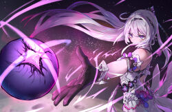 Rule 34 | 1girl, absurdres, backless dress, backless outfit, black gloves, black hairband, blue eyes, blurry, blurry background, chinese commentary, cocoon of finality (honkai impact), commentary request, covered mouth, dress, gloves, gradient hair, hair between eyes, hair ornament, hairband, highres, honkai (series), honkai impact 3rd, kiana kaslana, kiana kaslana (herrscher of finality), long hair, looking at another, moon, multicolored hair, o-ring dress, pink pupils, purple hair, purple hands, side ahoge, sidelocks, space, star-shaped pupils, star (symbol), symbol-shaped pupils, very long hair, white dress, white hair, xiongmao