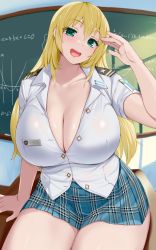 Rule 34 | 1girl, arm support, atago (kancolle), blonde hair, blush, breasts, chalkboard, cleavage, collarbone, collared shirt, curvy, epaulettes, green eyes, highres, huge breasts, indoors, kantai collection, kusaka souji, long hair, looking at viewer, name tag, open clothes, open mouth, open shirt, plaid, plaid skirt, shirt, sitting, skirt, smile, solo, thick thighs, thighs, white shirt