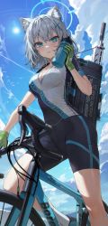 Rule 34 | 1girl, absurdres, animal ear fluff, animal ears, assault rifle, bicycle, bike jersey, bike shorts, blue archive, blue eyes, blue footwear, blush, breasts, cat ears, cloud, cross hair ornament, cycling uniform, extra ears, gloves, green gloves, grey hair, hair ornament, halo, highres, looking at viewer, medium hair, mismatched pupils, official alternate costume, outdoors, shiroko (blue archive), shiroko (cycling) (blue archive), short sleeves, shorts, sig sauer 556, sky, solo, sun, sweat, two-tone gloves, ye jji