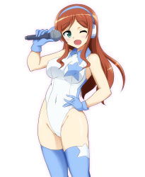Rule 34 | 10s, 1girl, aqua eyes, bare shoulders, blush, breasts, brown hair, covered navel, covered erect nipples, gloves, gundam, gundam build fighters, gundam build fighters try, hand on own hip, headphones, kamiki mirai, leotard, long hair, looking at viewer, microphone, one eye closed, ouhashi, simple background, smile, solo, standing, thighhighs