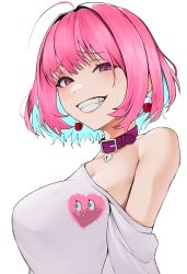 Rule 34 | 1girl, absurdres, ahoge, bare shoulders, belt collar, blue hair, breasts, collar, colored inner hair, dot nose, earrings, fang, from below, grin, hair intakes, harris hero, heart lock, highres, idolmaster, idolmaster cinderella girls, jewelry, large breasts, looking at viewer, multicolored hair, off-shoulder shirt, off shoulder, pill earrings, pink eyes, pink hair, shirt, short hair, smile, smug, solo, standing, teeth, upper body, white background, white shirt, yumemi riamu