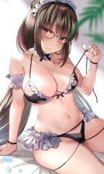 Rule 34 | 1girl, arm garter, bare shoulders, bikini, black bikini, blush, breasts, brown hair, cleavage, closed mouth, collarbone, commentary request, detached collar, fate/grand order, fate (series), frilled bikini, frills, glasses, head tilt, highres, large breasts, long hair, looking at viewer, low twintails, maid, maid bikini, maid headdress, navel, osakabehime (fate), purple eyes, seiru (prairie), sitting, smile, swimsuit, thighs, twintails, unconventional maid, untied bikini, very long hair