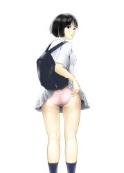 Rule 34 | 1girl, accidental exposure, ass, backpack, bad id, bad pixiv id, bag, black eyes, black hair, black socks, blush, clothes lift, dress shirt, from behind, grey skirt, highres, kneepits, lace, lace-trimmed panties, lace trim, looking at viewer, looking back, miniskirt, original, panties, pantyshot, pink panties, plaid, plaid skirt, pleated skirt, school uniform, sherpa, shirt, short hair, short sleeves, simple background, skirt, skirt caught on object, skirt lift, socks, solo, standing, sweatdrop, thigh gap, thighs, underwear, white background, white panties, white shirt