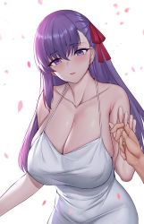 Rule 34 | 1girl, bare shoulders, blush, breasts, cleavage, collarbone, dress, fate/stay night, fate (series), hair ribbon, highres, holding hands, k jin, large breasts, long hair, looking at viewer, matou sakura, parted lips, petals, purple eyes, purple hair, red ribbon, ribbon, simple background, smile, solo focus, white background, white dress
