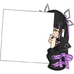 Rule 34 | 1girl, black hair, black jacket, commentary request, cropped torso, cross-laced clothes, cross-laced sleeves, demon girl, demon horns, engacyo (engacyo39800yen), heart, heart print, holding, holding sign, horns, jacket, jewelry, kojo anna, kojo anna (1st costume), long hair, long sleeves, looking at viewer, multicolored hair, nanashi inc., pointy ears, purple hair, ring, ringed eyes, russian text, sign, simple background, solo, sugar lyric, template, translated, transparent background, twintails, two-tone hair, upper body, virtual youtuber, yellow eyes