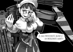 Rule 34 | 10s, 1girl, adjusting eyewear, anchor, armor, blunt bangs, breasts, cannon, capelet, come at me bro, corset, eyewear strap, glasses, greyscale, headdress, hellsing, italian text, kantai collection, kerchief, kirisaki akihito, large breasts, machinery, monochrome, outstretched arm, pince-nez, ranguage, roma (kancolle), short hair, solo, wavy hair