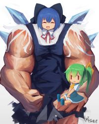 Rule 34 | 2girls, absurdres, alternate body size, alternate muscle size, artist name, ascot, biceps, blue dress, blue hair, cirno, cirno day, collared shirt, daiyousei, dress, fairy wings, flexing, gradient background, green hair, highres, ice, ice wings, multiple girls, muscular, muscular female, neck ribbon, nyztsune, pinafore dress, red ribbon, ribbon, shirt, short hair, side ponytail, sitting on hand, sleeveless dress, small head, torn clothes, touhou, white background, white shirt, wings, yellow ascot