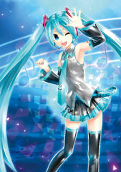 Rule 34 | 1girl, absurdres, aqua eyes, aqua hair, armpits, beamed quavers, detached sleeves, hatsune miku, headset, highres, kei (keigarou), long hair, musical note, nail polish, necktie, official art, one eye closed, project diva (series), project diva x, quaver, skirt, smile, solo, thighhighs, twintails, very long hair, vocaloid, zettai ryouiki