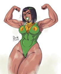 Rule 34 | 1girl, abs, armpits, arms up, biceps, breasts, dorkbum, dreadlocks, ermes costello, female pubic hair, flexing, green lips, grin, highres, jojo no kimyou na bouken, large breasts, pubic hair, smile, solo, steam, stone ocean, thick thighs, thighs, toned, toned female