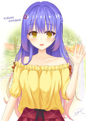 Rule 34 | 1girl, :d, absurdres, bare shoulders, blue hair, blush, braid, casual, character name, collarbone, commentary request, day, earrings, eyelashes, french braid, frilled shirt, frills, gradient hair, hair between eyes, hair ornament, hairclip, hand up, highres, jewelry, kohibari kurumi, long hair, looking at viewer, maruchicken20, multicolored hair, off-shoulder shirt, off shoulder, official alternate costume, official alternate hairstyle, open hand, open mouth, outdoors, pink hair, shirt, short sleeves, signature, simple background, smile, solo, straight-on, tenshi souzou re-boot!, upper body, very long hair, waving, white background, yellow eyes, yellow shirt