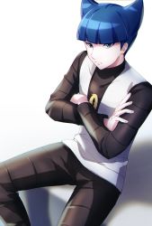 Rule 34 | 1boy, blue eyes, blue hair, blunt bangs, closed mouth, commentary request, creatures (company), crossed arms, game freak, highres, koine draw, long sleeves, male focus, nintendo, pokemon, pokemon dppt, saturn (pokemon), short hair, sitting, solo, team galactic, vest, white vest