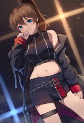 Rule 34 | 1girl, belly chain, black coat, black shirt, black skirt, blue eyes, blurry, blurry background, brown hair, closed mouth, coat, commentary, crop top, dutch angle, earrings, hair tie, half-closed eyes, hand on own thigh, hand to own mouth, idol, idolmaster, idolmaster million live!, idolmaster million live! theater days, jewelry, kamille (vcx68), long sleeves, looking at viewer, medium hair, midriff, miniskirt, navel, off shoulder, open collar, ponytail, satake minako, shirt, skirt, sleeveless, sleeveless shirt, smile, solo, spotlight, standing, thigh strap