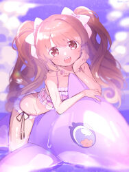Rule 34 | 1girl, :d, bikini, black ribbon, bow, brown eyes, brown hair, cloud, cloudy sky, commentary request, frilled bikini, frills, hair bow, head rest, highres, inflatable dolphin, inflatable toy, jewelry, long hair, looking at viewer, magia record: mahou shoujo madoka magica gaiden, mahou shoujo madoka magica, open mouth, outdoors, partial commentary, paru rari, pink bikini, purple sky, ribbon, ring, satomi touka, satomi touka (swimsuit costume), sky, smile, solo, string bikini, swimsuit, teeth, twintails, upper teeth only, white bow