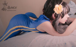 Rule 34 | 1boy, all fours, alternate costume, androgynous, arm support, ass, black hair, bodysuit, breasts, capcom, chun-li, chun-li (cosplay), cosplay, darkwaifutrap, hairband, highres, huge ass, lips, long hair, looking to the side, photo (medium), real life, shiny clothes, skin tight, solo, street fighter, torn clothes, torn legwear, trap, watermark, wide hips