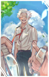 Rule 34 | 1boy, arms at sides, belt, blue sky, boku no hero academia, brown belt, buttons, closed eyes, cloud, collared shirt, unworn eyewear, facing viewer, happy, holding, holding removed eyewear, loud cloud, male focus, necktie, open mouth, out of frame, outdoors, pov, red necktie, shirt, short hair, short sleeves, sky, solo, ton (ton19130318), tree, unworn eyewear, white hair